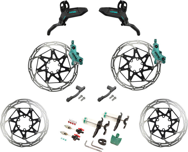 SRAM Motive Ultimate Stealth Expert Disc Brake Kit - Front/Rear Levers Front/Rear Teal Splatter Calipers Adapters Rotors Bleed Kit A1
