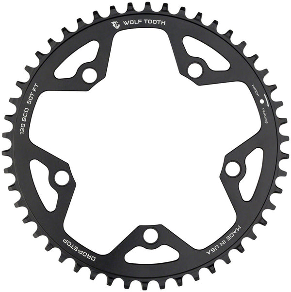 Wolf Tooth 130 BCD Road Cyclocross Chainring - 52t 130 BCD 5-Bolt Drop-Stop B 10/11/12-Speed Eagle Flattop Compatible BLK