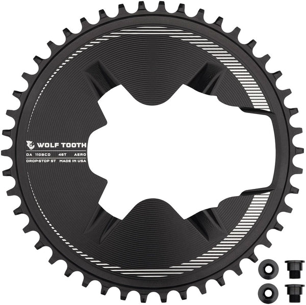 Wolf Tooth Aero Direct Mount 1x Chainring - 46t 4-Bolt Drop-Stop ST Compatible Shimano Dura-Ace R9200/R9200-P Only BLK