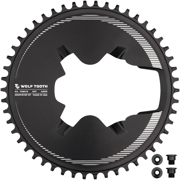 Wolf Tooth Aero Direct Mount 1x Chainring - 50t 4-Bolt Drop-Stop ST Compatible Shimano Dura-Ace R9200/R9200-P Only BLK