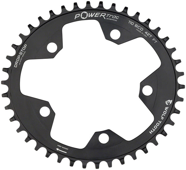 Wolf Tooth Elliptical 110 BCD Chainring - 42t 110 BCD 5-Bolt Drop-Stop B 10/11/12-Speed Eagle Flattop Compatible BLK