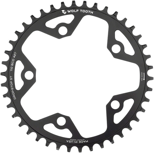 Wolf Tooth 110 BCD Gravel CX Road Chainring - 42t 110 BCD 5-Bolt Drop-Stop ST For Shimano HG+ KMC 12-Speed Chains BLK