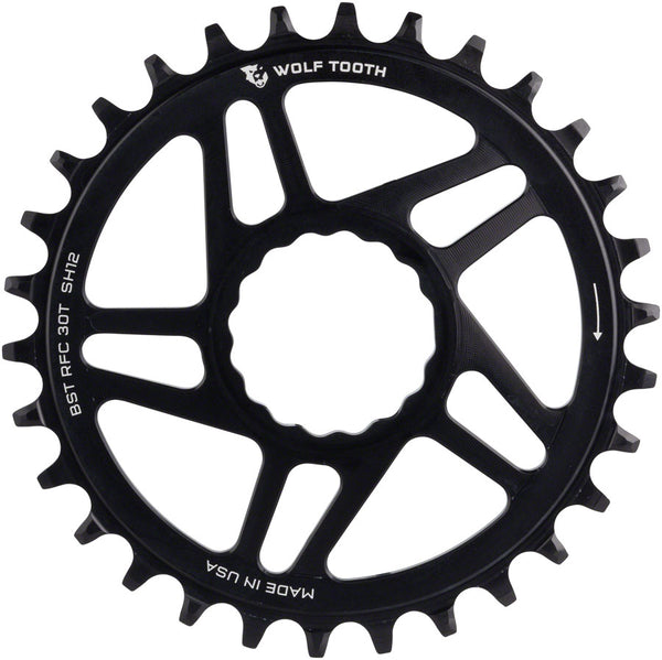 Wolf Tooth Direct Mount Chainring - 30t RaceFace CINCH Direct Mount Boost 3mm Offset Drop-Stop ST Requires 12-Speed HG+ Chain BLK