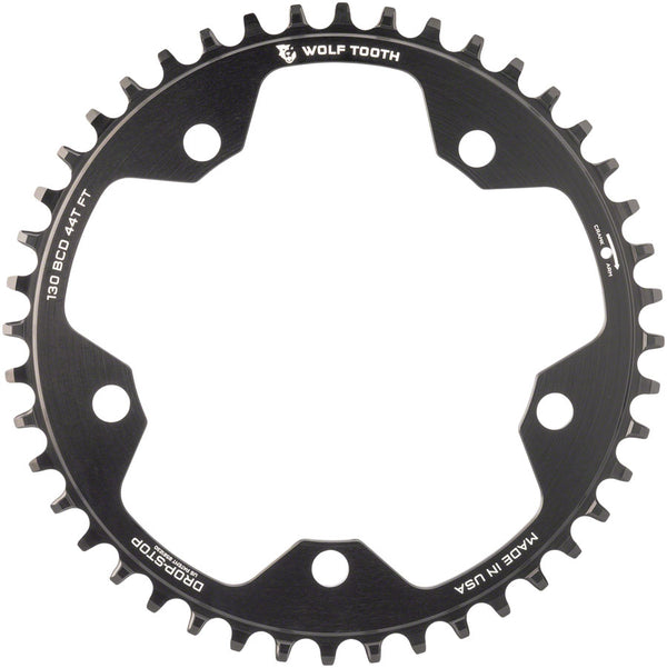 Wolf Tooth 130 BCD Road Cyclocross Chainring - 44t 130 BCD 5-Bolt Drop-Stop B 10/11/12-Speed Eagle Flattop Compatible BLK