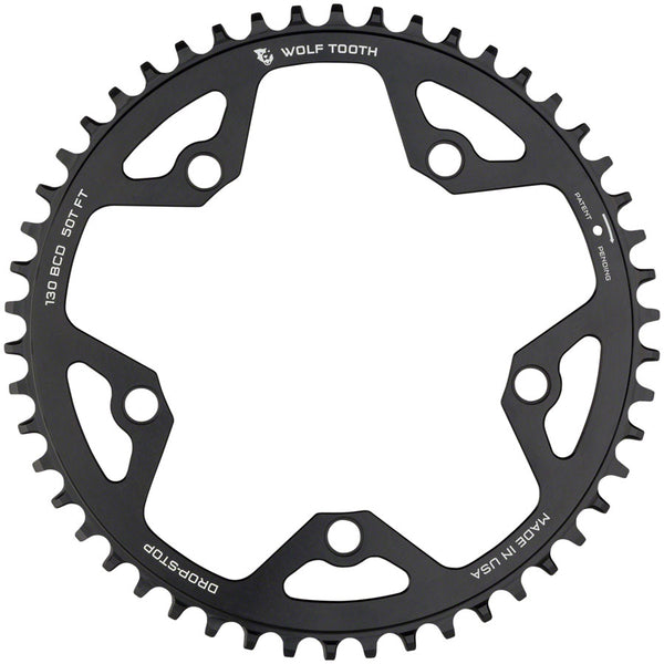 Wolf Tooth 130 BCD Road Cyclocross Chainring - 50t 130 BCD 5-Bolt Drop-Stop B 10/11/12-Speed Eagle Flattop Compatible BLK