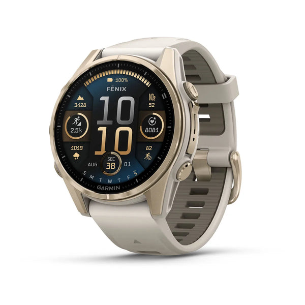 Garmin fenix 8 AMOLED Sapphire 43mm Watch Watch Color: Gold Wristband: Gray/ Dark Sandstone - Silicone